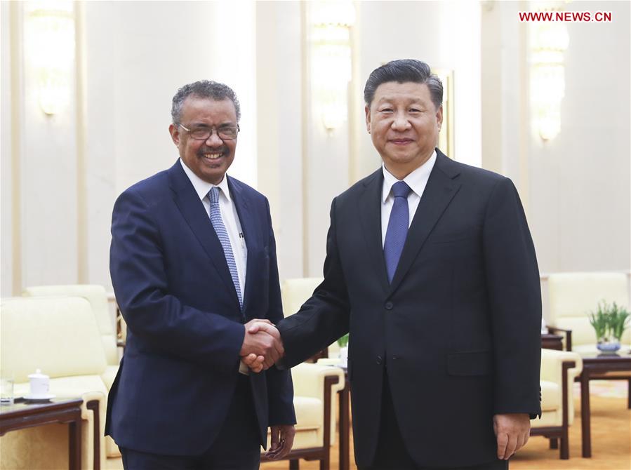 Chinese President Xi Jinping meets with visiting World Health Organization (WHO) Director-General Tedros Adhanom Ghebreyesus at the Great Hall of the People in Beijing, capital of China, Jan. 28, 2020. (Xinhua/Ju Peng)