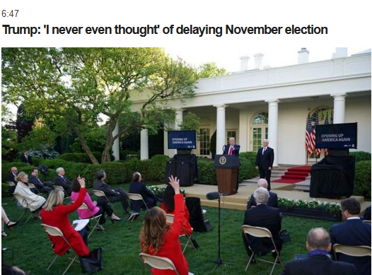 [特朗普]会否推迟美国总统选举？特朗普：从没这么想过，11月3日是个好日子
