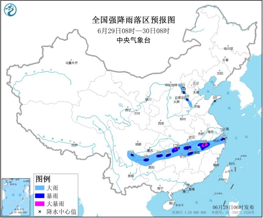 局地江西湖南局地有大暴雨 内蒙古山西等地部分地区有雷暴大风或冰雹