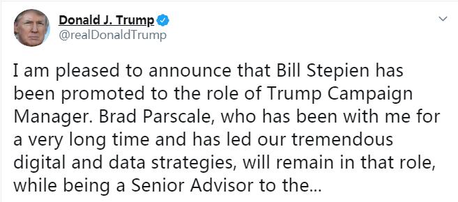 特朗普|特朗普发推宣布更换竞选团队经理