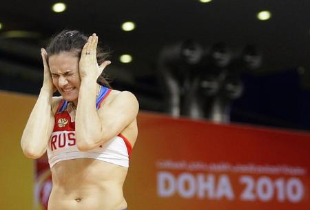 Yelena Isinbayeva of Russia reacts during the women's pole vault event at the IAAF World Indoor Athletics Championships at the Aspire Dome in Doha March 12, 2010.[Agencies]