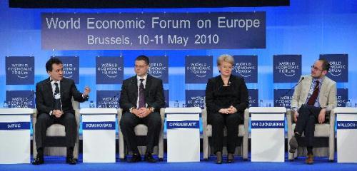 (L-R) Serbian Deputy Prime Minister Bozidar Djelic, Latvian Prime Minister Valdis Dombrovskis, Lithuanian President Dalia Grybauskaite and Belgian Minister of Economy and Reform Vicent Van Quickenborne attend the closing plenary session of the World Economic Forum on Europe in Brussels, capital of Belgium, on May 11, 2010. (Xinhua/Wu Wei)