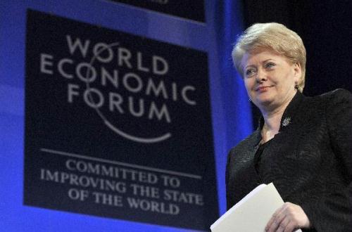 Lithuanian President Dalia Grybauskaite attends the closing plenary session of the World Economic Forum on Europe in Brussels, capital of Belgium, on May 11, 2010. (Xinhua/Wu Wei)