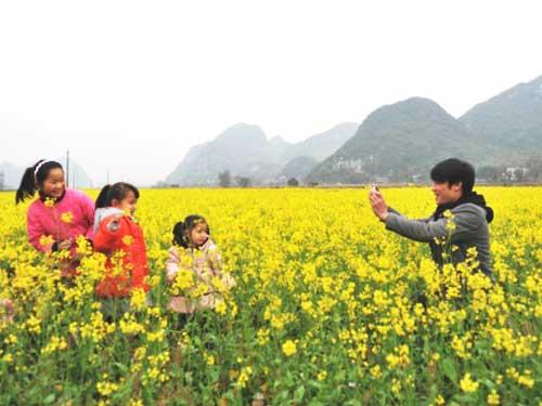 游人在忻城县古蓬镇东河村油菜花丛中拍照