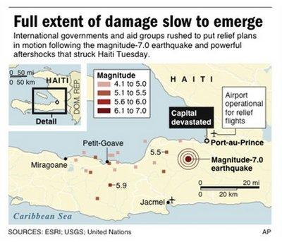 Map locates major earthquake and aftershocks that struck Haiti Tuesday