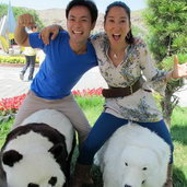 July 13th - Very excited to see my fellow host, Greta! Haha. We&acute;re riding a panda bear and polar bear. 