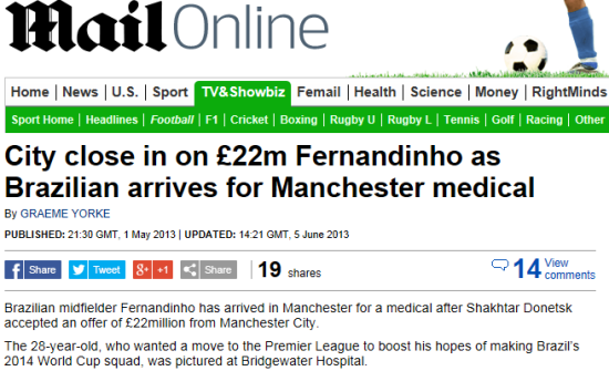 《每日邮报》：费尔南迪尼奥转会费2200万英镑