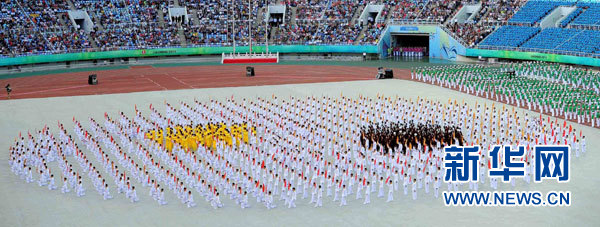 8月31日，第十二届全国运动会在辽宁省沈阳市奥体中心体育场开幕。 这是开幕式上的太极武术展示。 新华社记者王松摄