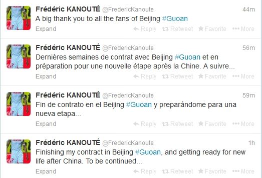 卡努特在推特上表示自己与国安的合同结束了