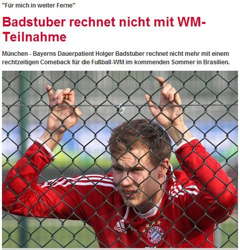 《慕尼黑日报》：巴德斯图贝尔认为自己无法参加世界杯