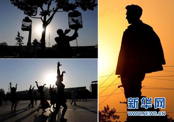 　　拼版照片：左上为兰考县城一个公园里晨练者在遛鸟（5月5日摄）；左下为兰考县城晨练者在跳广场舞（5月5日摄）；右为兰考县城一尊焦裕禄塑像（5月4日摄）。新华社记者 朱祥 摄