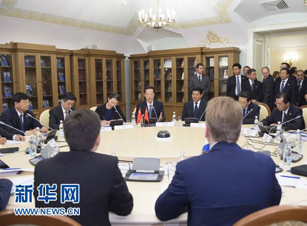 6月18日，中国国务院副总理张高丽在圣彼得堡同俄罗斯第一副总理舒瓦洛夫共同主持中俄投资合作委员会第二次会议。这是张高丽与舒瓦洛夫举行小范围会谈。新华社记者王晔摄 