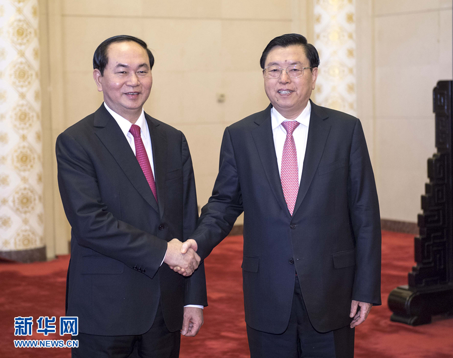 5月12日，中共中央政治局常委、全国人大常委会委员长张德江在北京人民大会堂会见越南国家主席陈大光。