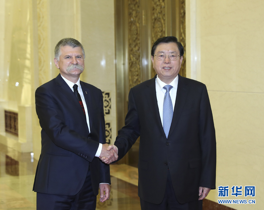 6月1日，全国人大常委会委员长张德江在北京人民大会堂与匈牙利国会主席克韦尔举行会谈。