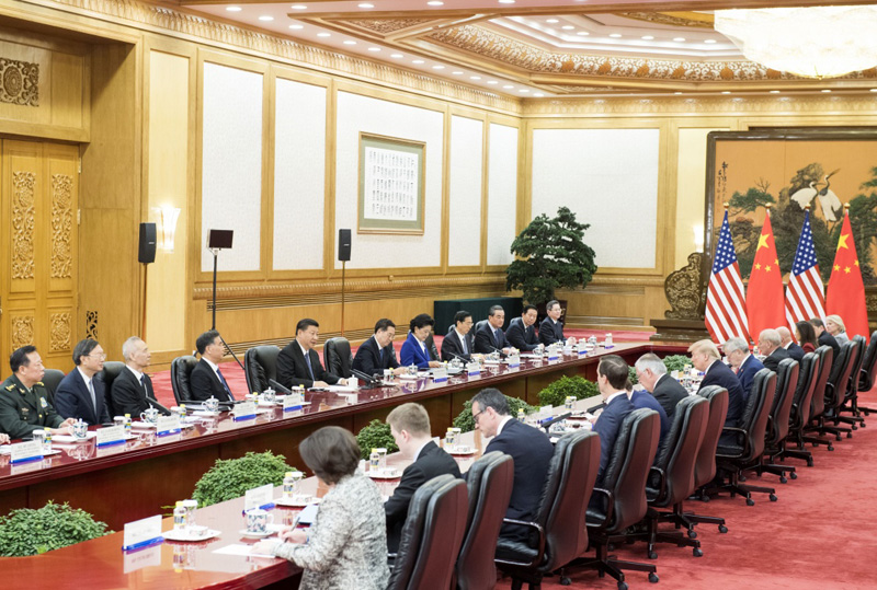 11月9日，国家主席习近平在北京人民大会堂同美国总统特朗普举行会谈。
