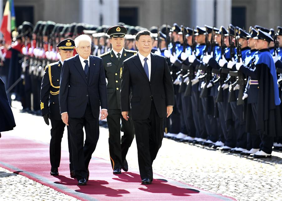 Chinese President Xi Jinping attends a grand welcome ceremony held by his Italian counterpart Sergio Mattarella before their talks in Rome, Italy, March 22, 2019. (Xinhua/Xie Huanchi)