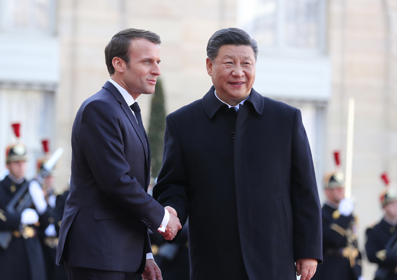 3月25日，国家主席习近平在巴黎爱丽舍宫同法国总统马克龙会谈。
