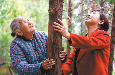 靳月英帶孫女一起察看當年種下的側柏