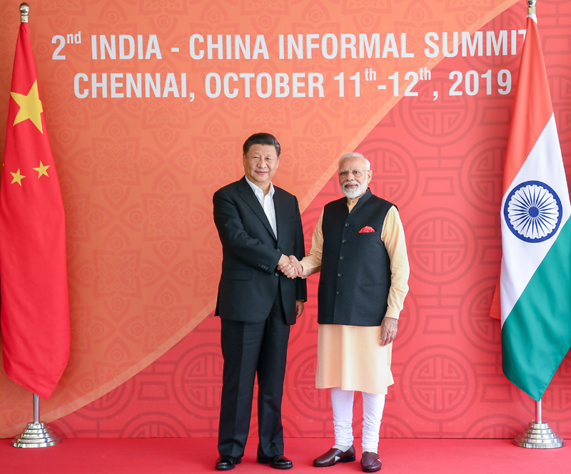 10月12日，国家主席习近平在金奈同印度总理莫迪继续举行会晤。新华社记者 谢环驰 摄