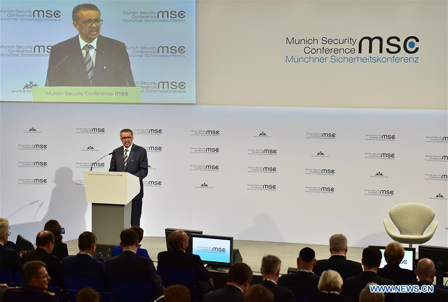 The World Health Organization (WHO) Director-General Tedros Adhanom Ghebreyesus speaks at the 56th Munich Security Conference (MSC) in Munich, Germany, on Feb. 15, 2020. Tedros Adhanom Ghebreyesus on Saturday called for solidarity in fighting the epidemics here at the 56th Munich Security Conference. (Xinhua/Lu Yang)