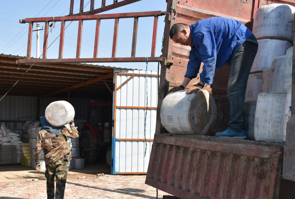 在新疆生产建设兵团第八师一四二团，随车装卸工将农资送到农民家中（3月28日摄）。 新华社记者 高晗 摄