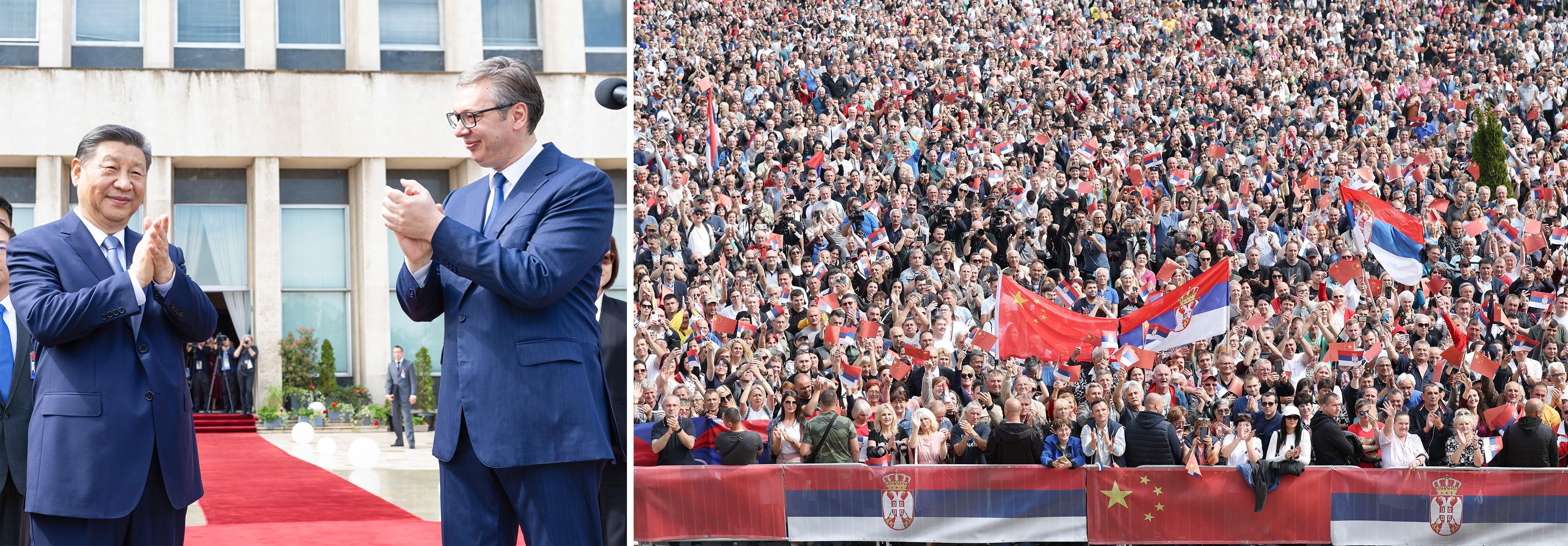 当地时间5月8日上午，国家主席习近平在贝尔格莱德塞尔维亚大厦同塞尔维亚总统武契奇举行会谈。会谈前，武契奇陪同习近平来到政府大厦平台（左图）。大厦广场上，一万五千名塞尔维亚民众挥舞中塞两国国旗，对习近平表示最热烈的欢迎（右图）。（拼版照片） 新华社记者 黄敬文 丁海涛 摄