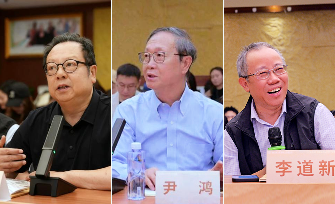 從左至右：中國電視藝術家協會副主席、中國高校影視學會學術委員會主任、北京師範大學藝術與傳媒學院院長胡智鋒，中國電影家協會副主席、中國文藝評論家協會副主席、清華大學新聞與傳播學院教授尹鴻，北京大學藝術學院教授李道新