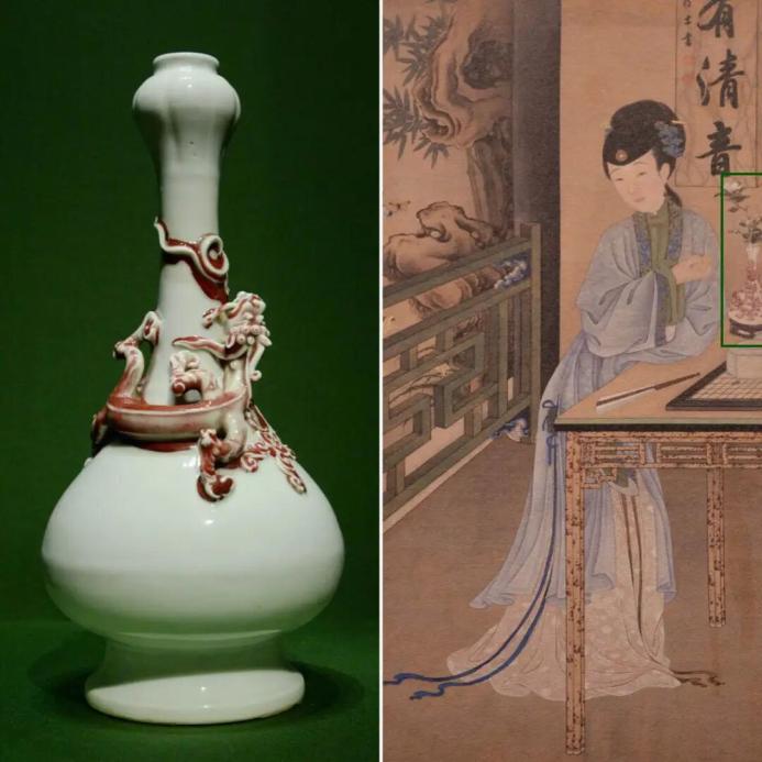 明 白釉塑贴鲜红蟠螭蒜头瓶