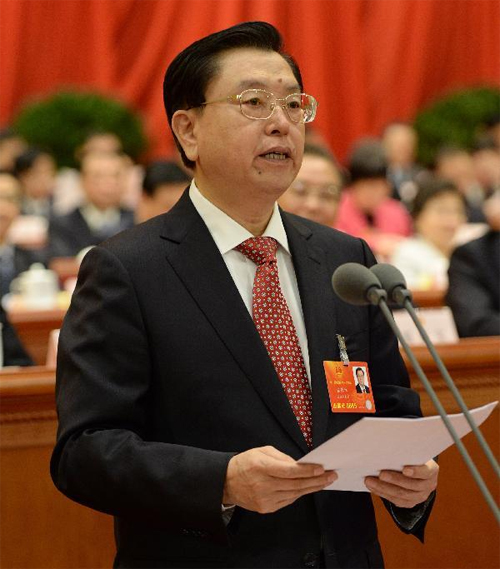 第十二届全国人民代表大会第一次会议在北京人民大会堂举行闭幕会，张德江讲话。