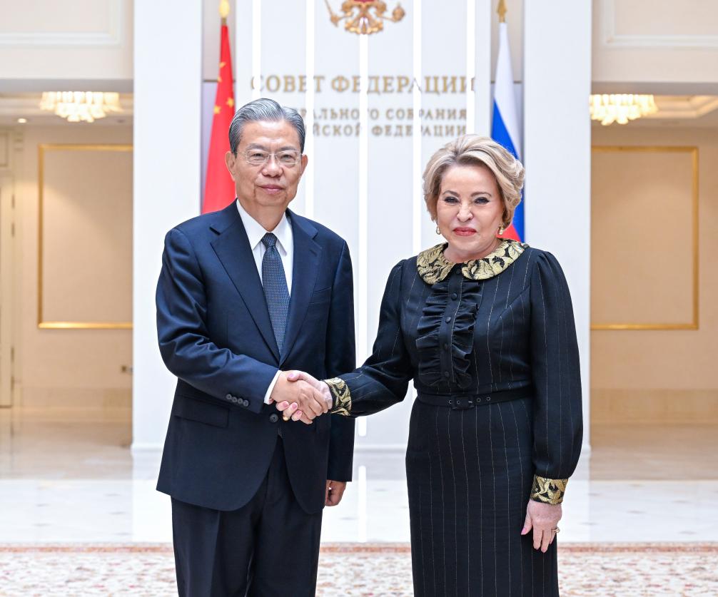 hao Leji, chairman of China‘s National People’s Congress Standing Committee, and Russian Federation Council Speaker Valentina Matviyenko attend the 11th meeting of the China-Russia committee for parliamentary cooperation in Moscow, Russia, May 28, 2026. (Xinhua/Zhang Ling)