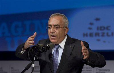 Palestinian Prime Minister Salam Fayyad speaks during the annual conference on security in Herzliya, north of Tel Aviv Tuesday, Feb. 2, 2010. (AP Photo/Moti Milrod)