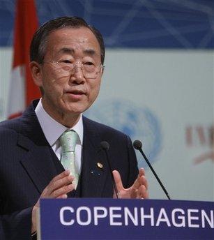 U.N. Secretary General Ban Ki-moon gestures while he talks during the plenary session at the climate summit in Copenhagen, Denmark, Friday, Dec. 18, 2009.
