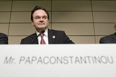 Greek Finance Minister George Papaconstantinou appears at a press conference during the G-20 Meeting of Finance Ministers and Central Bank at the World Bank headquarters in Washington, Sunday, April 25, 2010. (AP Photo/Cliff Owen)