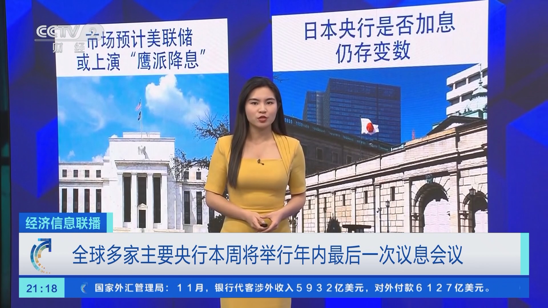 经济信息联播]全球多家主要央行本周将举行年内最后一次议息会议