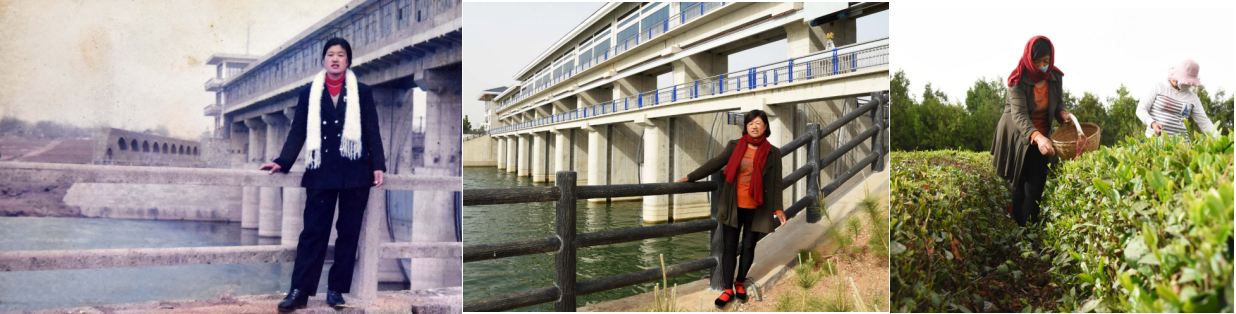 Yu Shu’ai poses near the spillway of the Qingfengling reservoir in 1998; Yu poses at the same location on May 13, 2020; Yu has got a job, picking tea leaves at a tea plantation by the Qingfengling reservoir.
