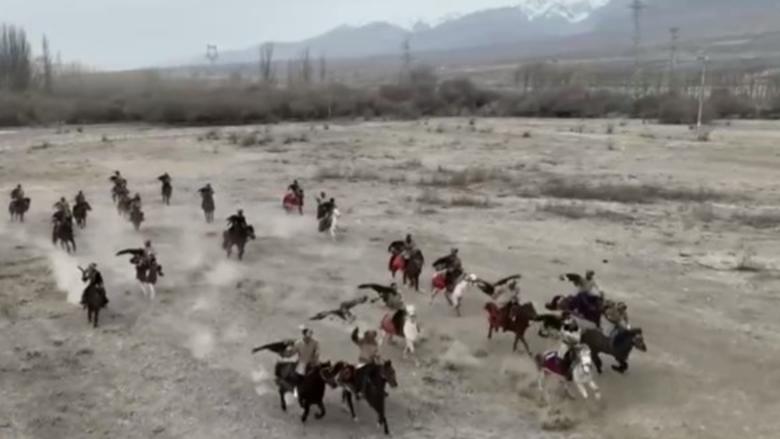 Herds of horses galloping and falcons spreading wings in Xinjiang