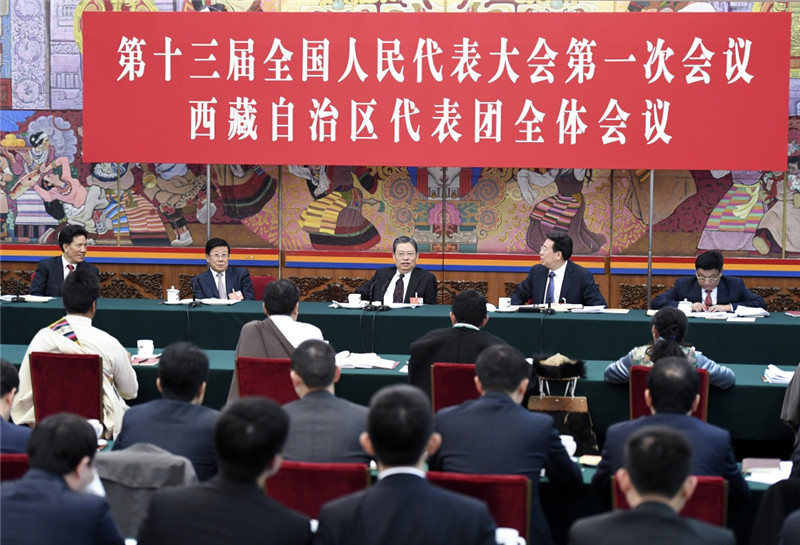 3月10日，中共中央政治局常委、中央纪委书记赵乐际参加十三届全国人大一次会议西藏代表团的审议。