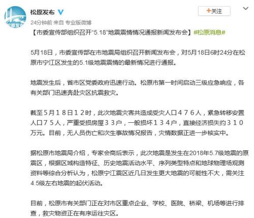 吉林松原通报5.1级地震震情：476人受灾 转移75人