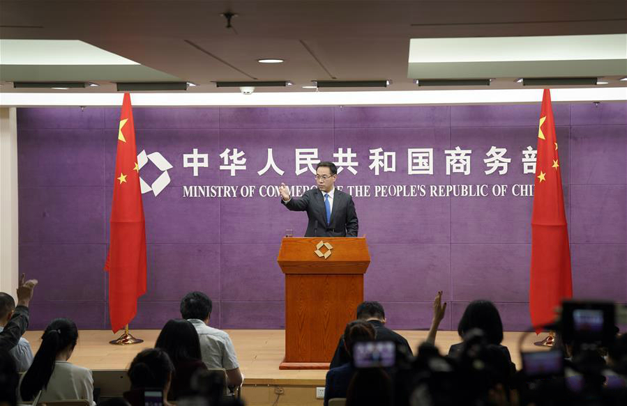 Ministry of Commerce spokesperson Gao Feng attends a news conference in Beijing, capital of China, June 20, 2019. Chief trade negotiators of China and the United States will communicate in line with the instructions made by the two heads of state, the Ministry of Commerce said Thursday. (Xinhua/Jin Liangkuai)