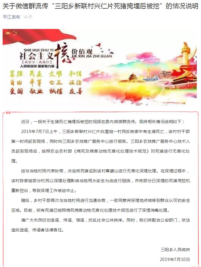 湖南平江“死猪深埋后又被挖出”？当地政府回应