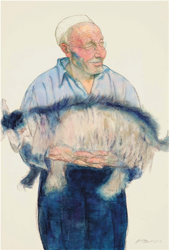 陈坚 老人和羊 纸本 152×102cm 2019年 浙江美术馆藏