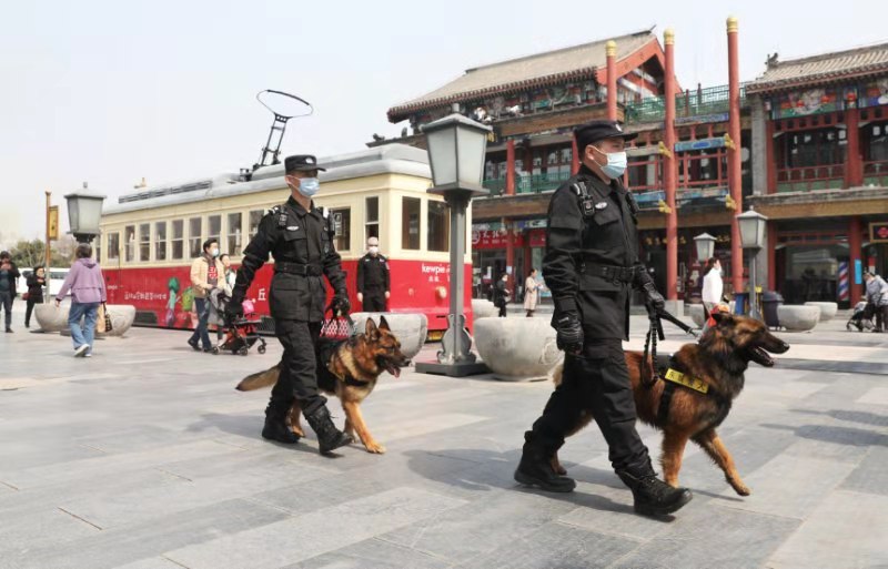 图为曹兆升和余奇带着警犬在前门大街巡逻执勤。