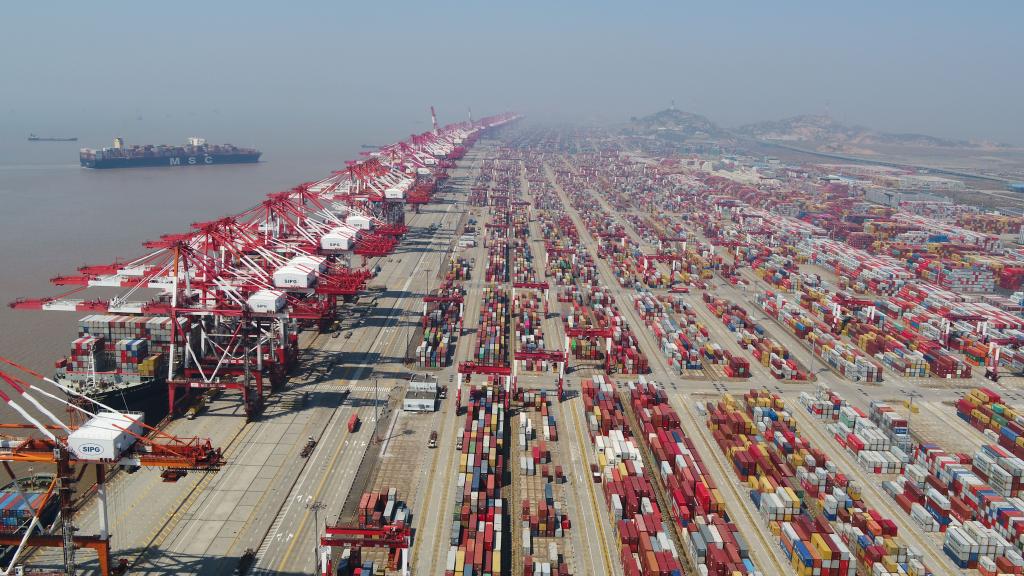 这是2020年3月18日拍摄的上海洋山港集装箱码头（无人机照片）。新华社记者 丁汀 摄