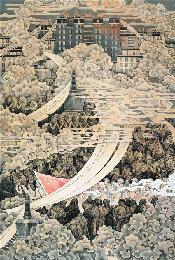 高原祥云——和平解放西藏（国画） 246×396厘米 2008年至2009年 韩书力 中国美术馆收藏
