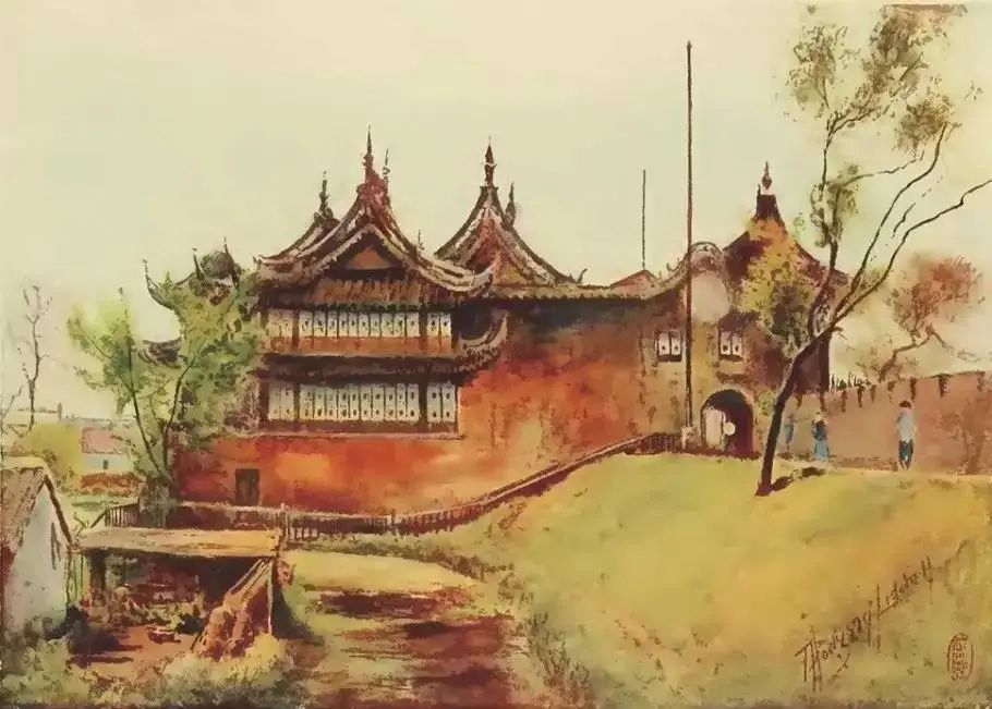 1908年，英国画家李德尔绘制的大境阁水彩画作