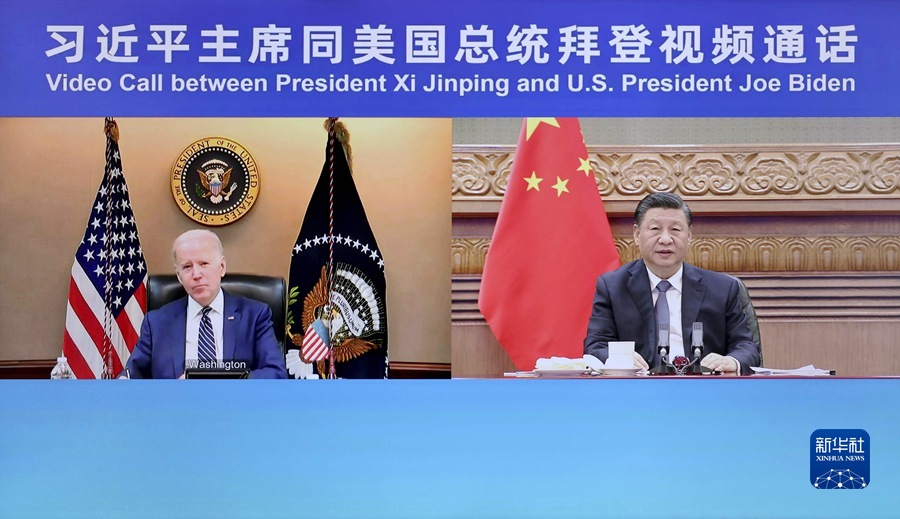3月18日晚，国家主席习近平在北京应约同美国总统拜登视频通话。新华社记者 刘彬 摄