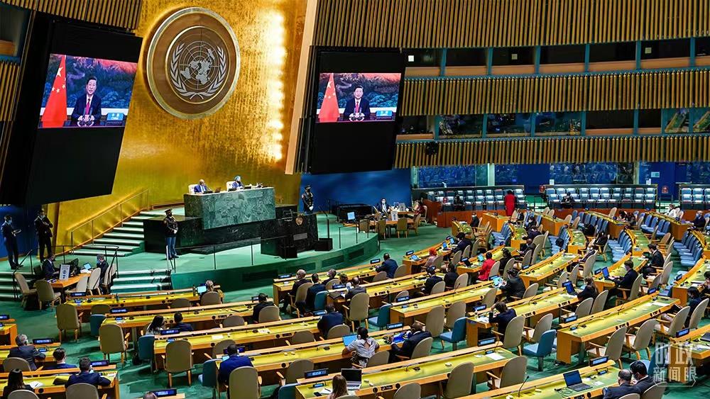 △2021年9月，习近平主席以视频方式出席第76届联合国大会一般性辩论并发表讲话。（资料图）