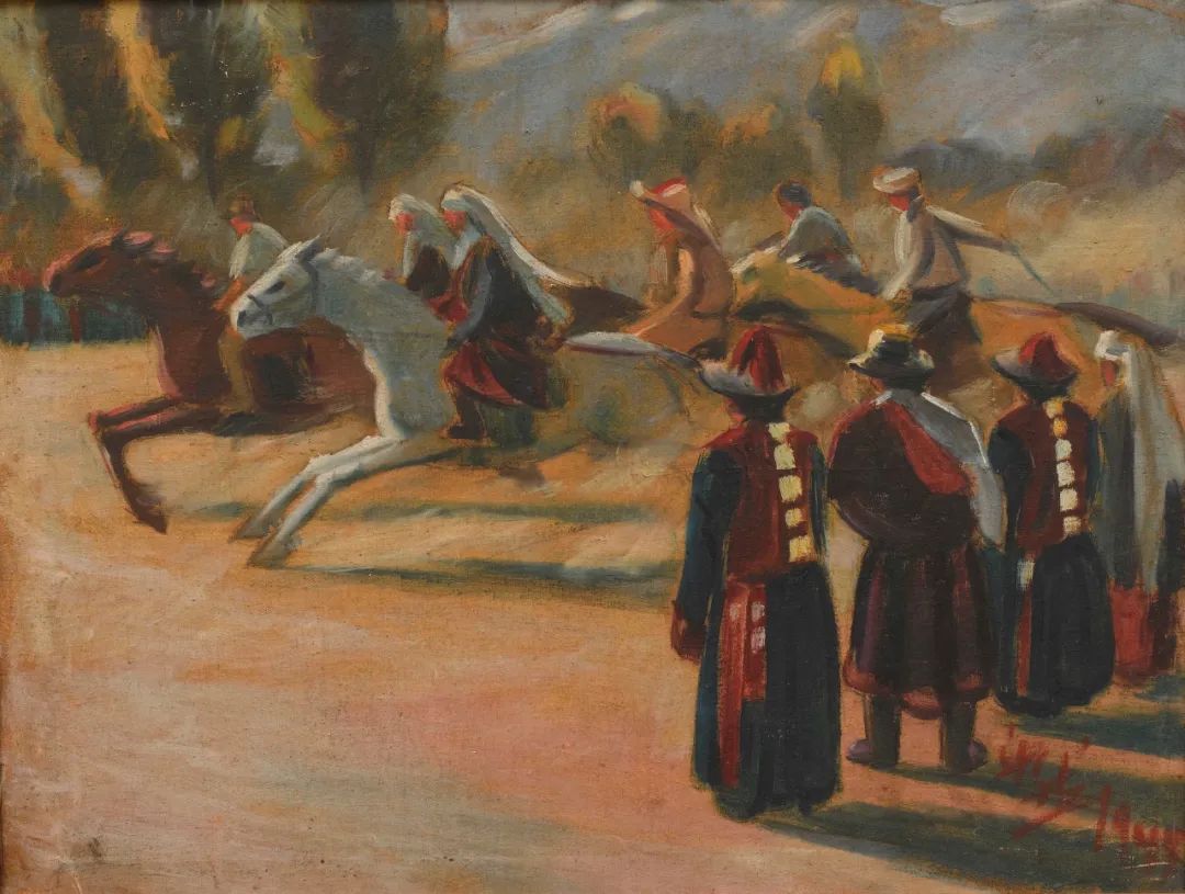 赛马（河西走廊） 韩乐然  油画 48.2×62.5cm 1945年 中国美术馆藏 