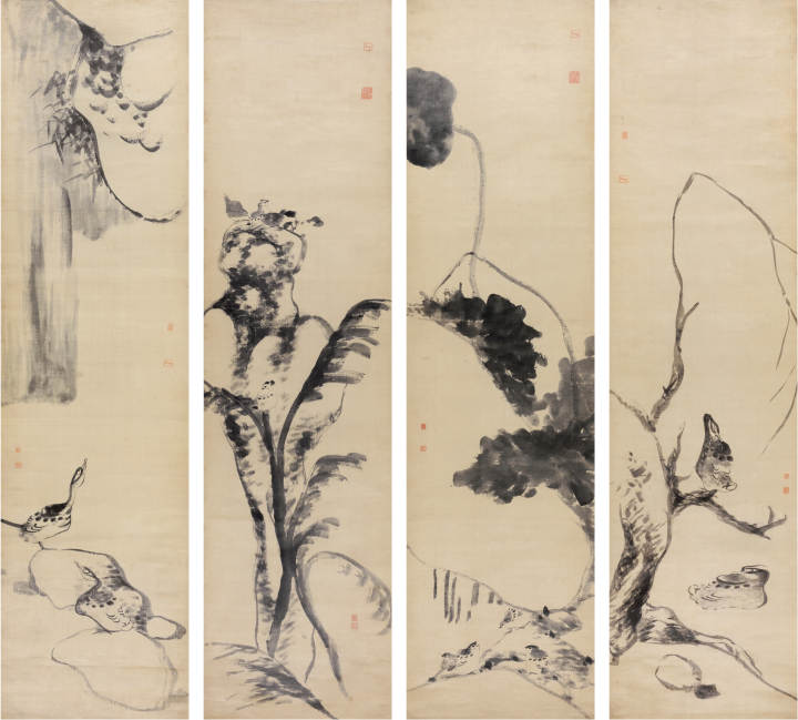 八大山人，《鸟鸭图四条屏》，208×55cm×4，条屏，绫本水墨，清代