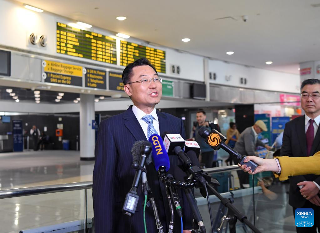 Xie Feng, China’s new ambassador to the United States, delivers brief remarks to the media upon his arrival at the John F. Kennedy International Airport in New York, the United States, on May 23, 2023. Xie Feng on Tuesday urged Washington to work with China to enhance dialogue, manage difference and promote cooperation, so as to bring China-U.S. relations back to the right track. (Xinhua/Li Rui)